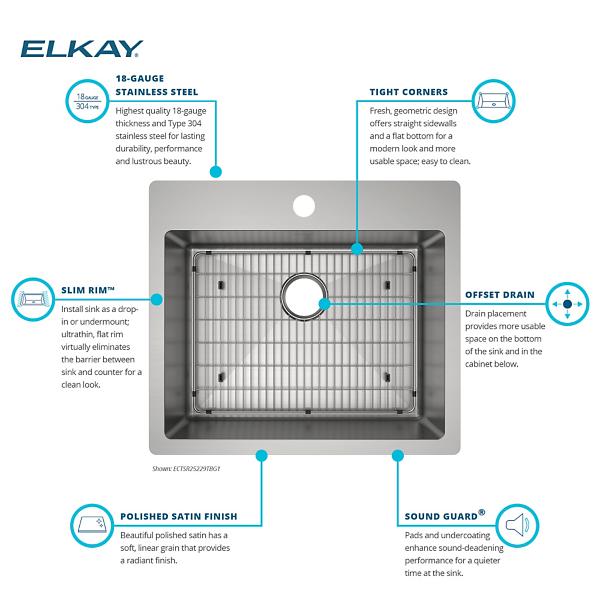 Elkay ECTSR25229TFGB Crosstown® 18 Gauge Stainless Steel 25" x 22" x 9" Single Bowl Dual Mount Sink Kit with Filtered Beverage Faucet