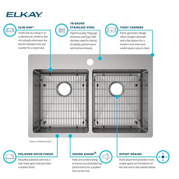 Elkay ECTSRAD33226TBG Crosstown 18 Gauge Stainless Steel 33" x 22" x 6" Equal Double Bowl Dual Mount ADA Sink Kit