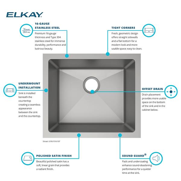 Elkay EFRU191610T Crosstown® 16 Gauge Stainless Steel 21-1/2" x 18-1/2" x 10" Single Bowl Undermount Sink