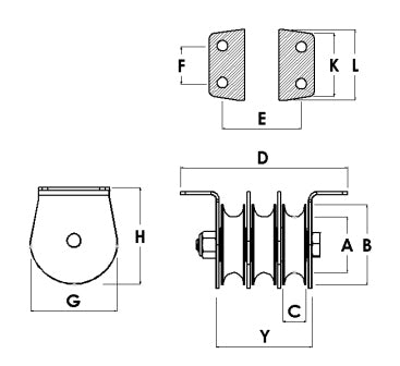 Block Division 02058-3-SS 2″ Flat Mount Triple Pulley Block 3/16” Rope 600 lbs, Stainless Steel