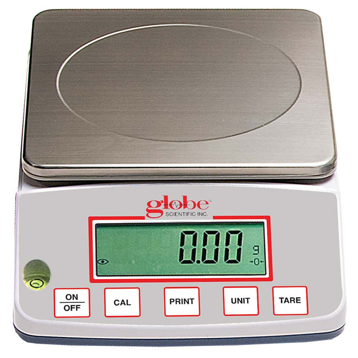 Globe Scientific GBBH-3002-CT Balance Toploading Basic High Capacity Portable 3000g X 0.01g External Calibration 100-240V 50-60Hz External Batteries Includes ISO/IEC 170252017 Caibration Certificate