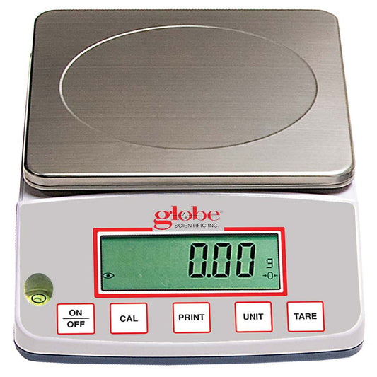 Globe Scientific GBBH-3002-CT Balance Toploading Basic High Capacity Portable 3000g X 0.01g External Calibration 100-240V 50-60Hz External Batteries Includes ISO/IEC 170252017 Caibration Certificate