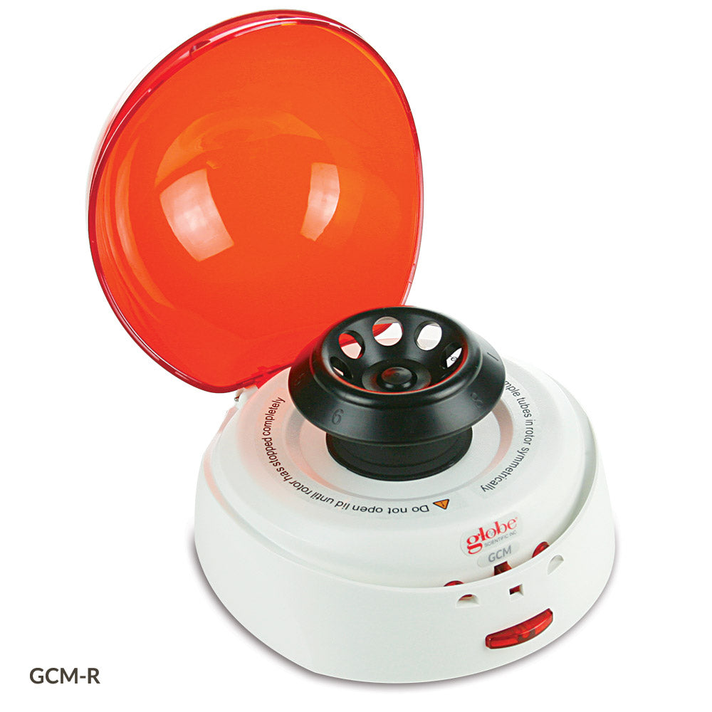 Globe Scientific GCM-R-UK Centrifuge Mini 8-Place 7000rpm Fixed Speed 240v 50Hz UK Plug Red Lid (Includes 8-Place Rotor for 1.5mL/2.0mL Tubes 2 x 8 Place Rotor for PCR Tubes/Strips and both Sleeves)