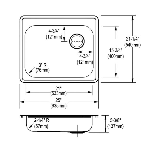 Elkay GE12521R Dayton® Stainless Steel 25" x 21-1/4" x 5-3/8" Single Bowl Drop-in Sink with Right Drain