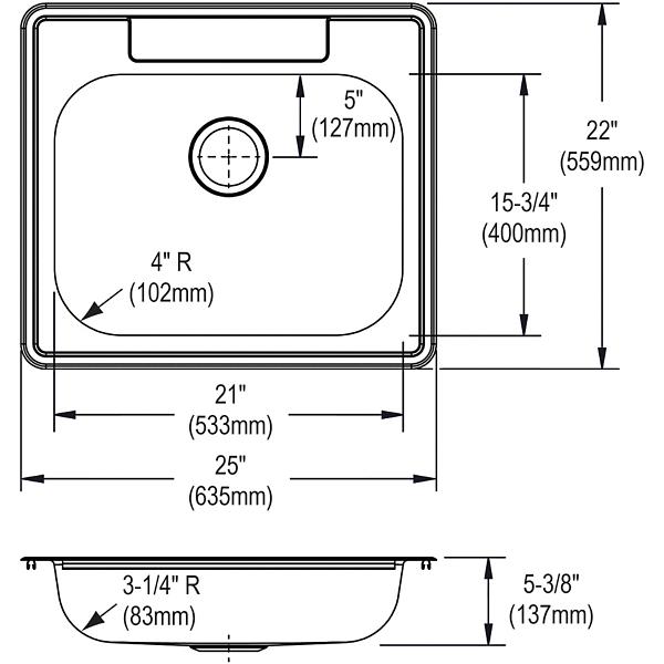 Elkay GE12522 Dayton® Stainless Steel 25" x 22" x 5-3/8" Single Bowl Drop-in Sink