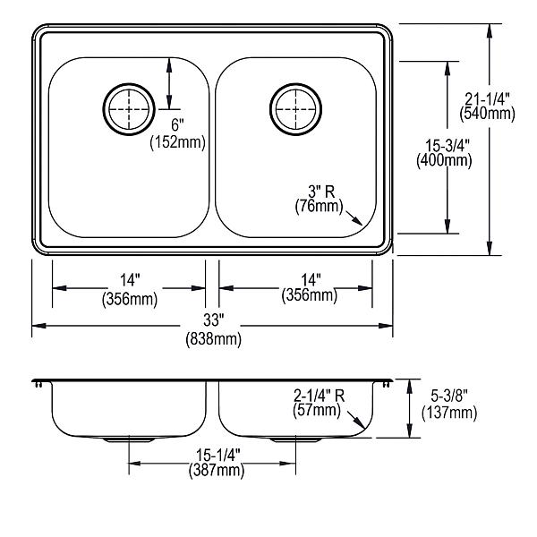 Elkay GE23321 Dayton® Stainless Steel 33" x 21-1/4" x 5-3/8" Equal Double Bowl Drop-in Sink