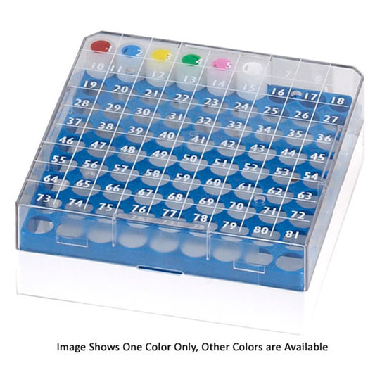 Globe Scientific 3040B BioBOX 81 for 1.0mL and 2.0mL CryoCLEAR vials Polycarbonate (PC) Holds 81 vials (9x9 format) Printed Lid Pack Includes a CryoClear Tube Picker BLUE