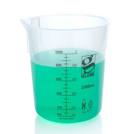 Globe Scientific 3650-1M Beaker Diamond Essentials Griffin Style Low Form Printed Graduations PP 1000mL 3/Bag