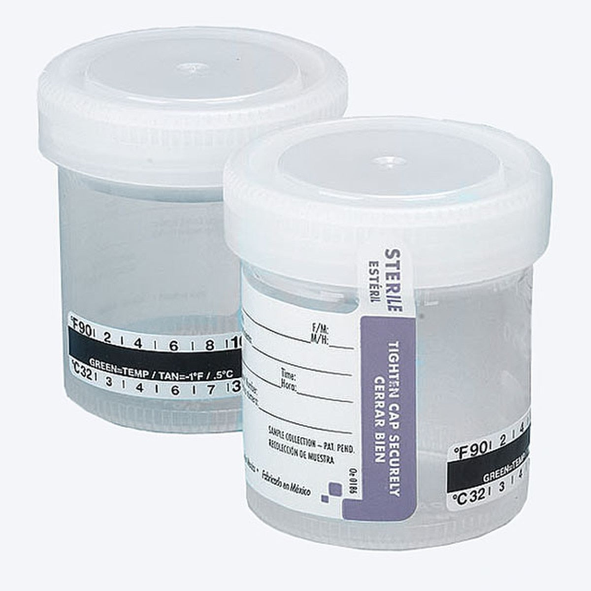 Globe Scientific 6236 Drug Test Container 90mL Wide Mouth Attached White Screwcap STERILE Tab-Seal Patient ID Label & Celsius Thermometer Strip PP