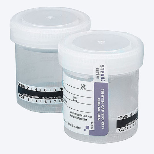 Globe Scientific 6236 Drug Test Container 90mL Wide Mouth Attached White Screwcap STERILE Tab-Seal Patient ID Label & Celsius Thermometer Strip PP, CS/300