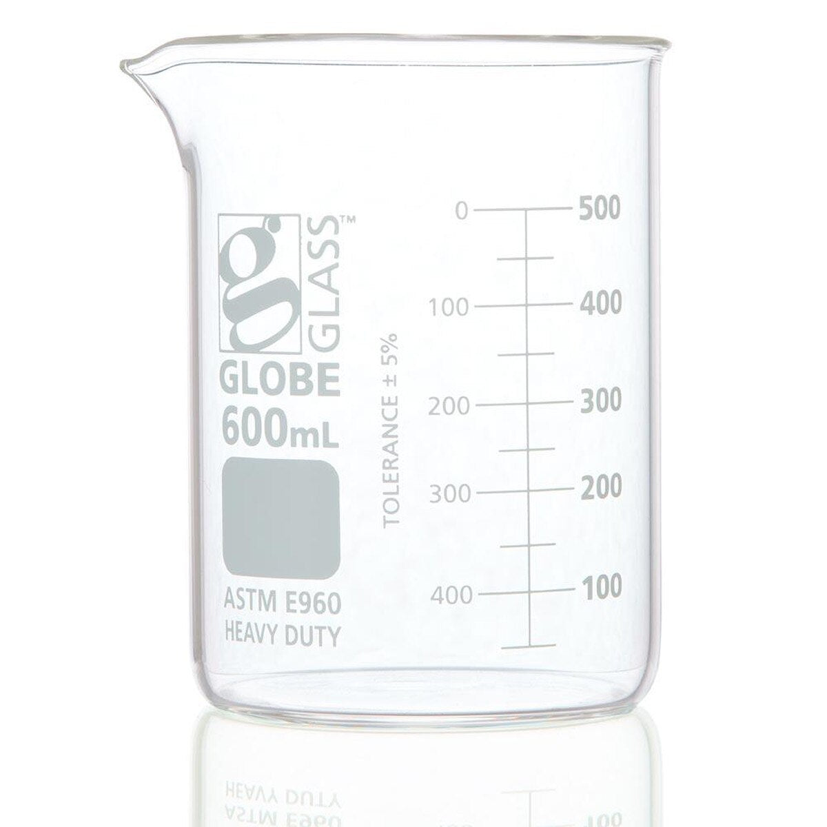Globe Scientific 8020600 Beaker Globe Glass 600mL Low Form Griffin Style Heavy Duty Dual Graduations ASTM E960 6/Box