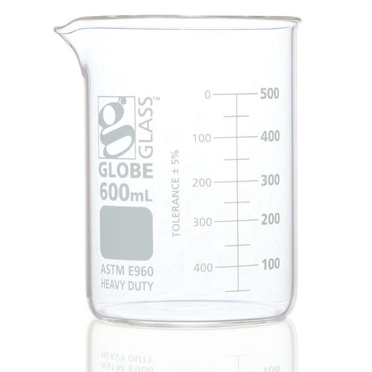 Globe Scientific 8020600 Beaker Globe Glass 600mL Low Form Griffin Style Heavy Duty Dual Graduations ASTM E960 6/Box