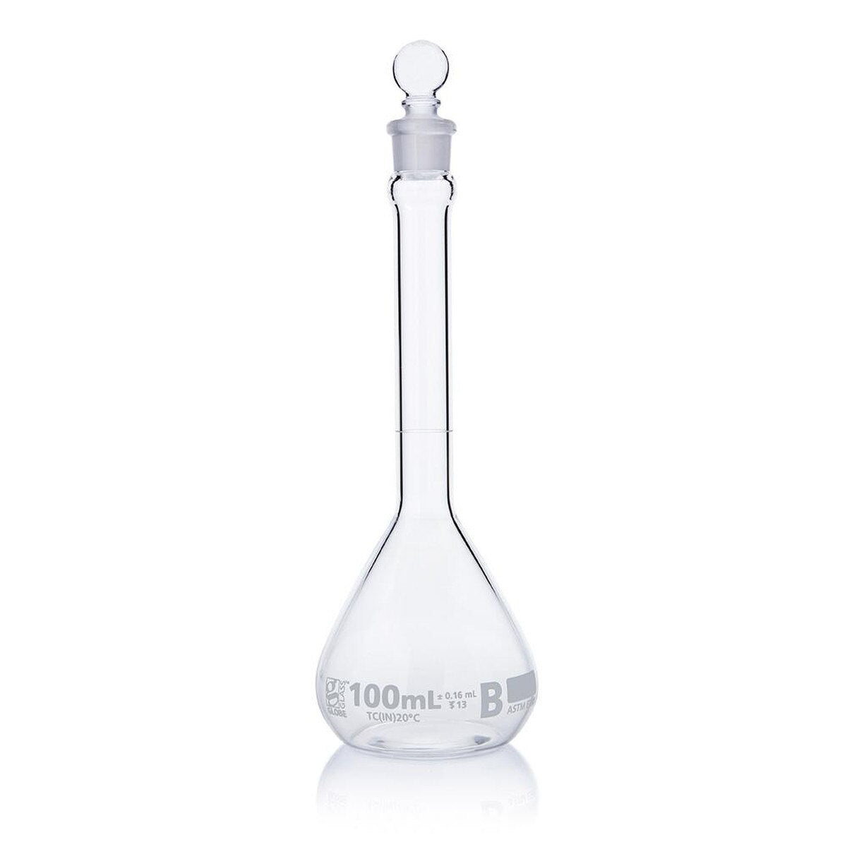 Globe Scientific 8250100 Flask Volumetric Globe Glass 100mL Class B To Contain (TC) ASTME288 6/Box