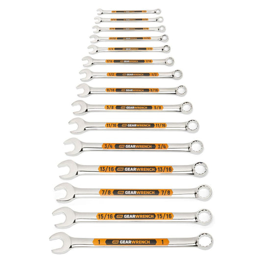 Gearwrench 81901H 15 Piece 12 Point SAE Hi-Viz Long Pattern Combination Wrench Set