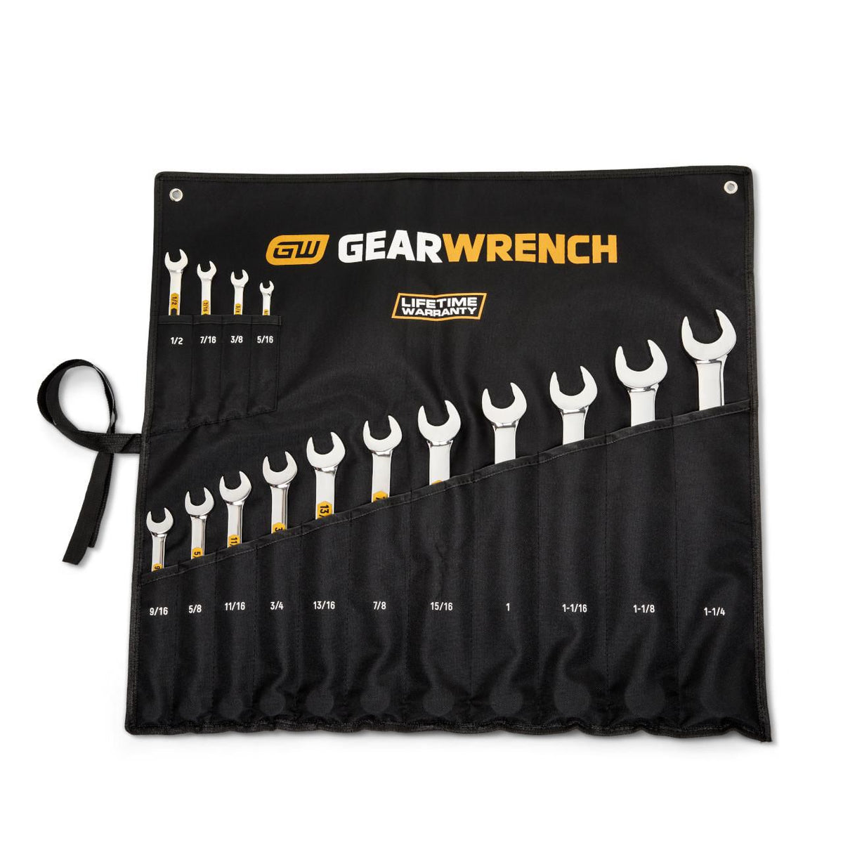 Gearwrench 81918H 15 Piece 12 Point SAE Hi-Viz Long Pattern Combination Wrench Set with Roll