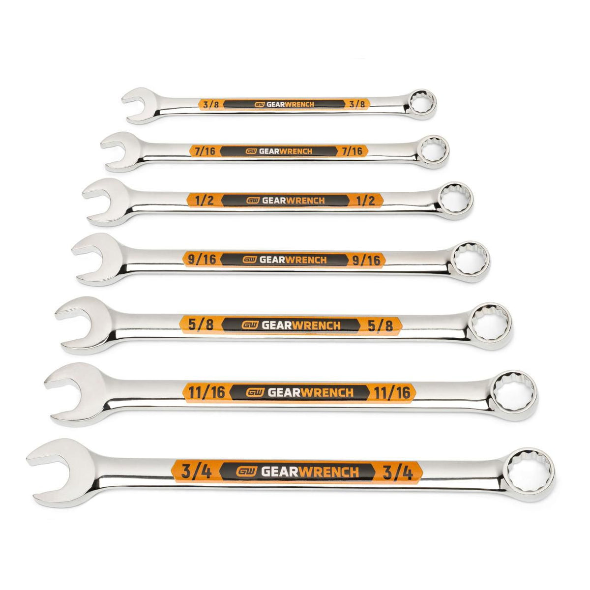 Gearwrench 81933H 7 Piece 12 Point SAE Hi-Viz Long Pattern Combination Wrench Set with Tool Roll