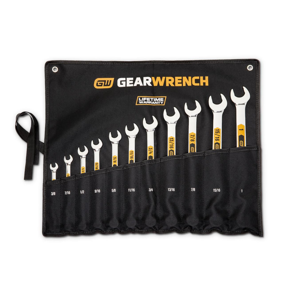 Gearwrench 81934H 11 Piece 12 Point SAE Hi-Viz Long Pattern Combination Wrench Set with Tool Roll