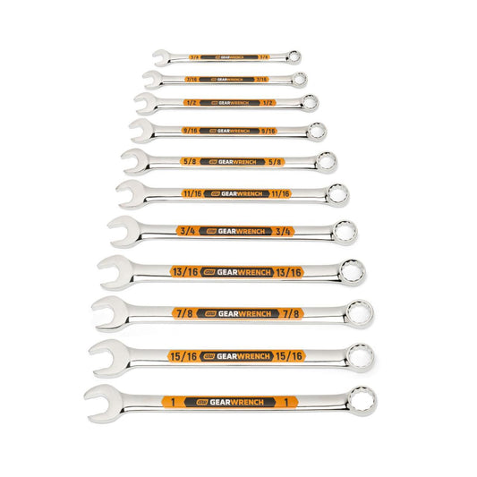 Gearwrench 81934H 11 Piece 12 Point SAE Hi-Viz Long Pattern Combination Wrench Set with Tool Roll