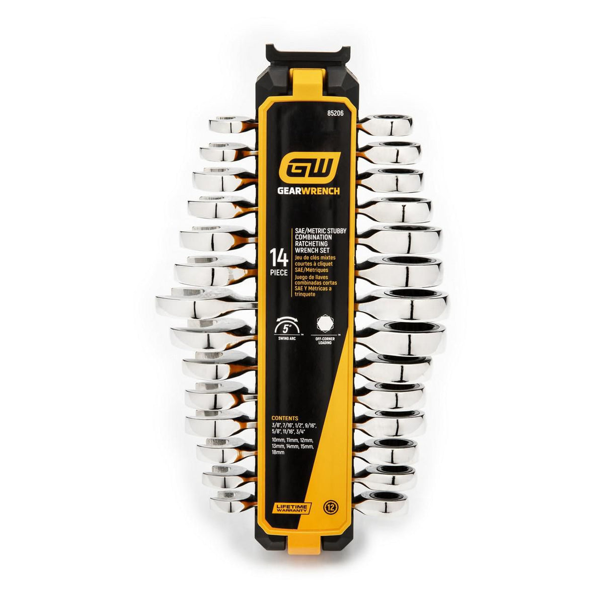 Gearwrench 85206 14 Piece 72-Tooth 12 Point Stubby Ratcheting SAE/Metric Combination Wrench Set