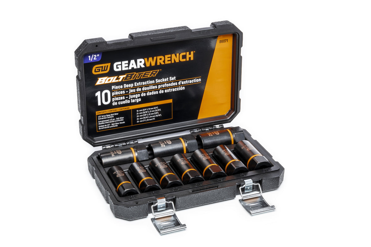 Gearwrench 86071 10 Piece 1/2" Drive Bolt Biter™ Deep Extraction Socket Set