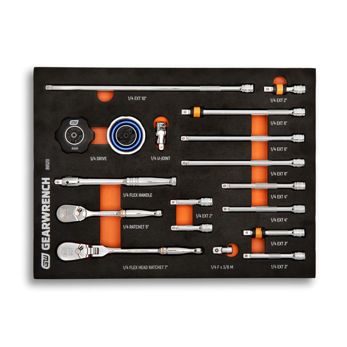 Gearwrench 86520 18 Piece 1/4" 90-Tooth Ratchet & Drive Tool Set with Foam Storage Tray
