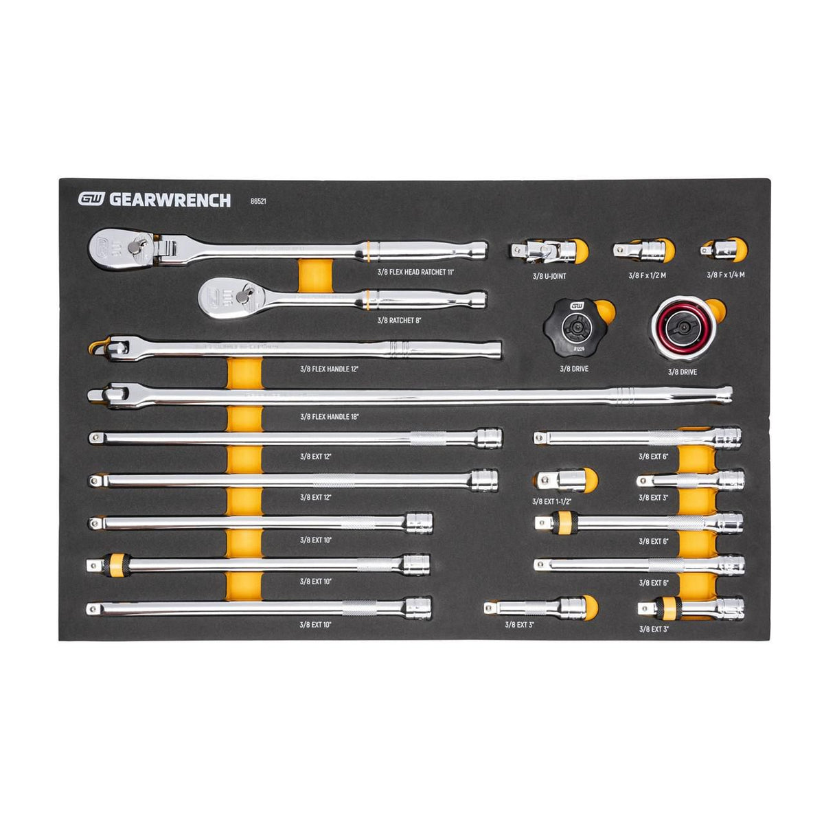 Gearwrench 86521 21 Piece 3/8" 90-Tooth Ratchet & Drive Tool Set with Foam Storage Tray