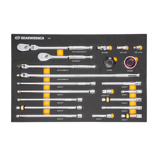 Gearwrench 86521 21 Piece 3/8" 90-Tooth Ratchet & Drive Tool Set with Foam Storage Tray