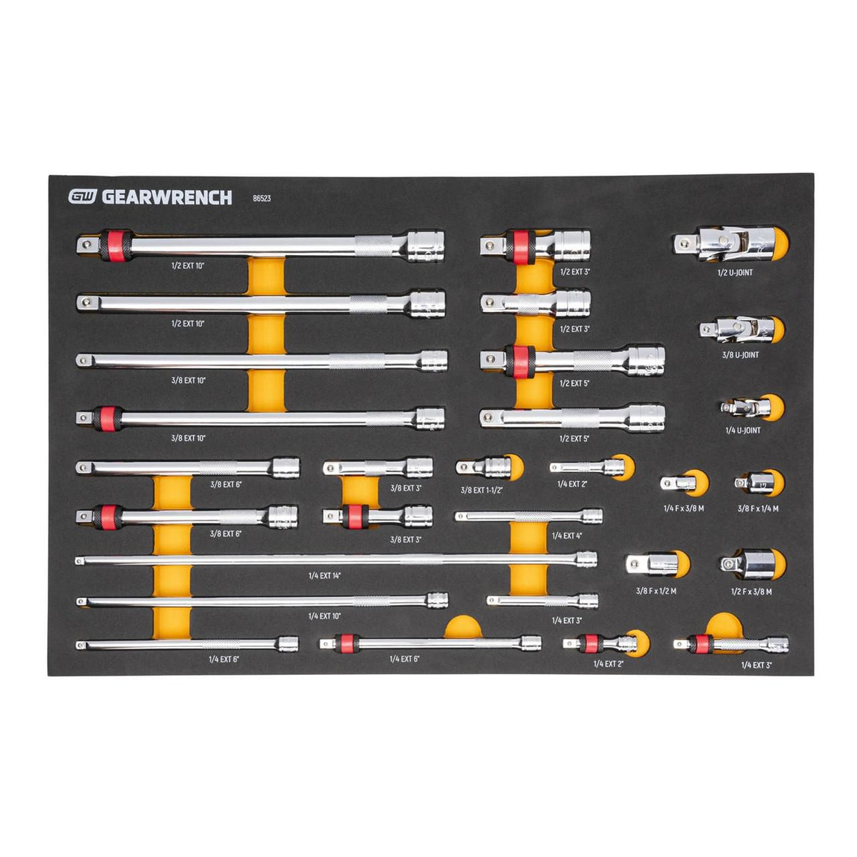 Gearwrench 86523 29 Piece 1/4", 3/8" & 1/2" Drive Master Chrome Drive Tool Accessories Set with Foam Storage Tray