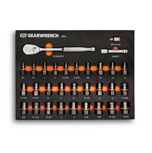 Gearwrench 86525 31 Piece 3/8" Drive 90T Ratchet and Bolt Biter™ Socket Set with Foam Storage Tray