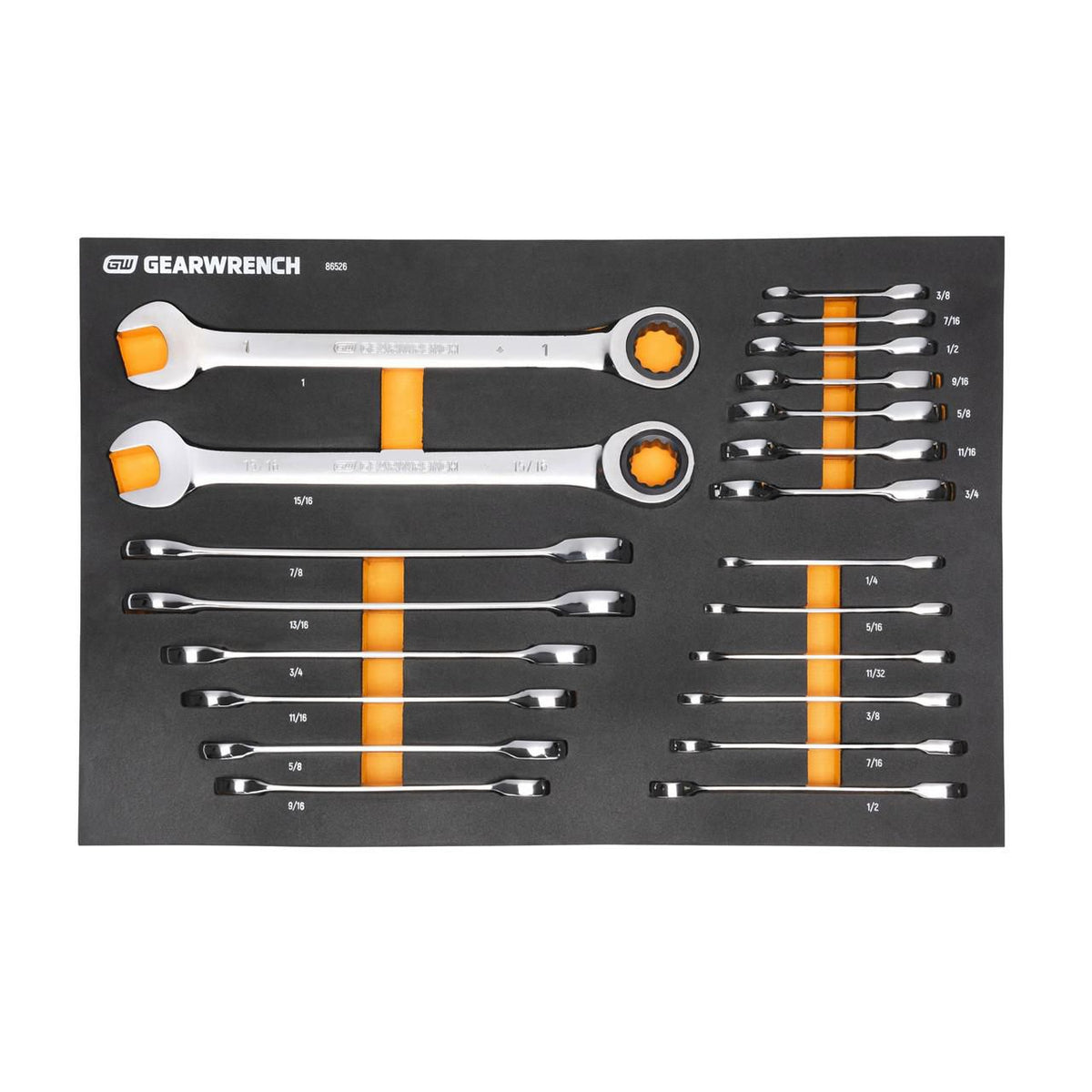 Gearwrench 86526 21 Piece 72-Tooth 12 Point SAE Standard and Stubby Combination Ratcheting Wrench Set with Foam Storage Tray