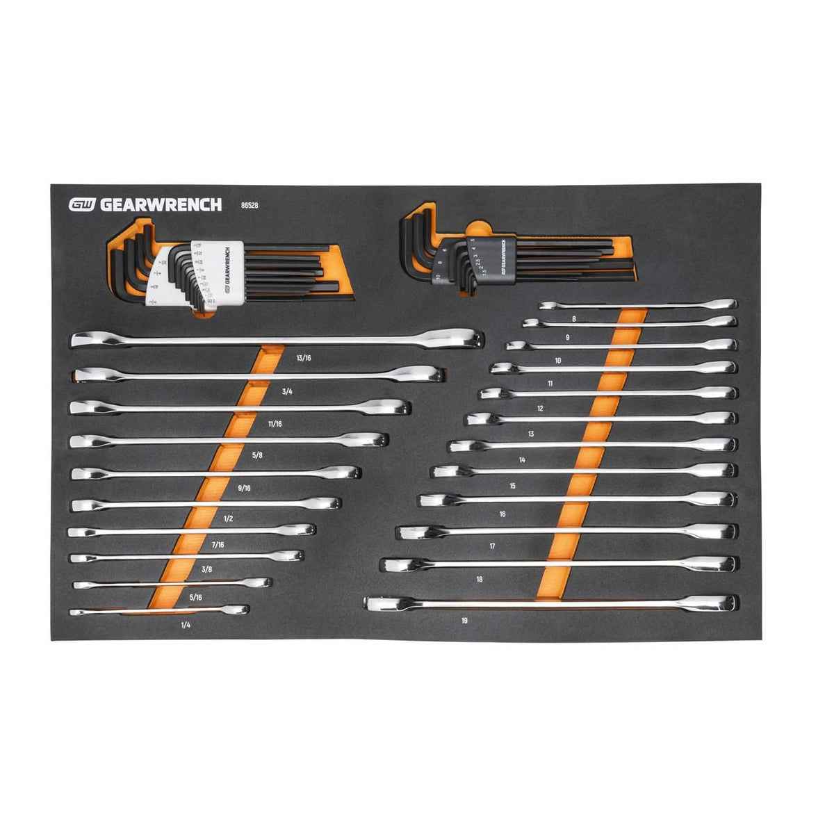 Gearwrench 86528 44 Piece 90T SAE/Metric Combination Ratcheting Wrench & Long Arm Hex Key Set with Foam Storage Tray