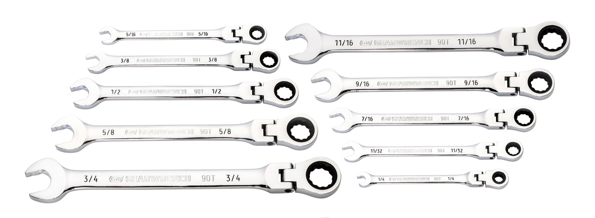 Gearwrench 86758 10 Piece 90-Tooth 12 Point Flex Head Ratcheting Combination SAE Wrench Set