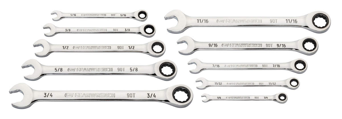 Gearwrench 86958 10 Piece 90-Tooth 12 Point SAE Combination Ratcheting Wrench Set