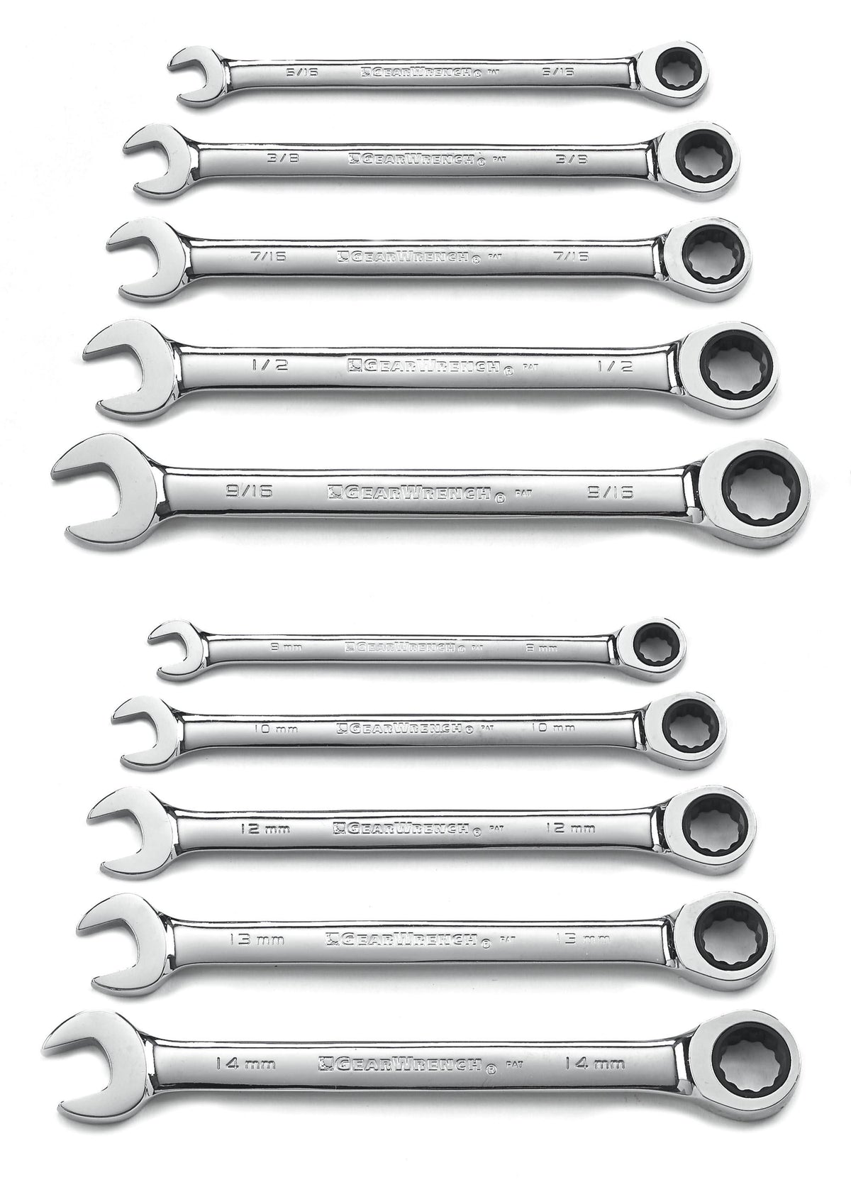 Gearwrench 9418 10 Piece 72-Tooth 12 Point Ratcheting Combination SAE/Metric Wrench Set