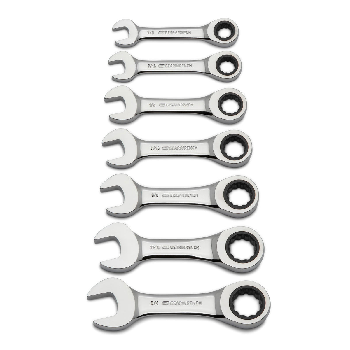 Gearwrench 9507D 7 Piece 72-Tooth 12 Point Stubby Ratcheting Combination SAE Wrench Set