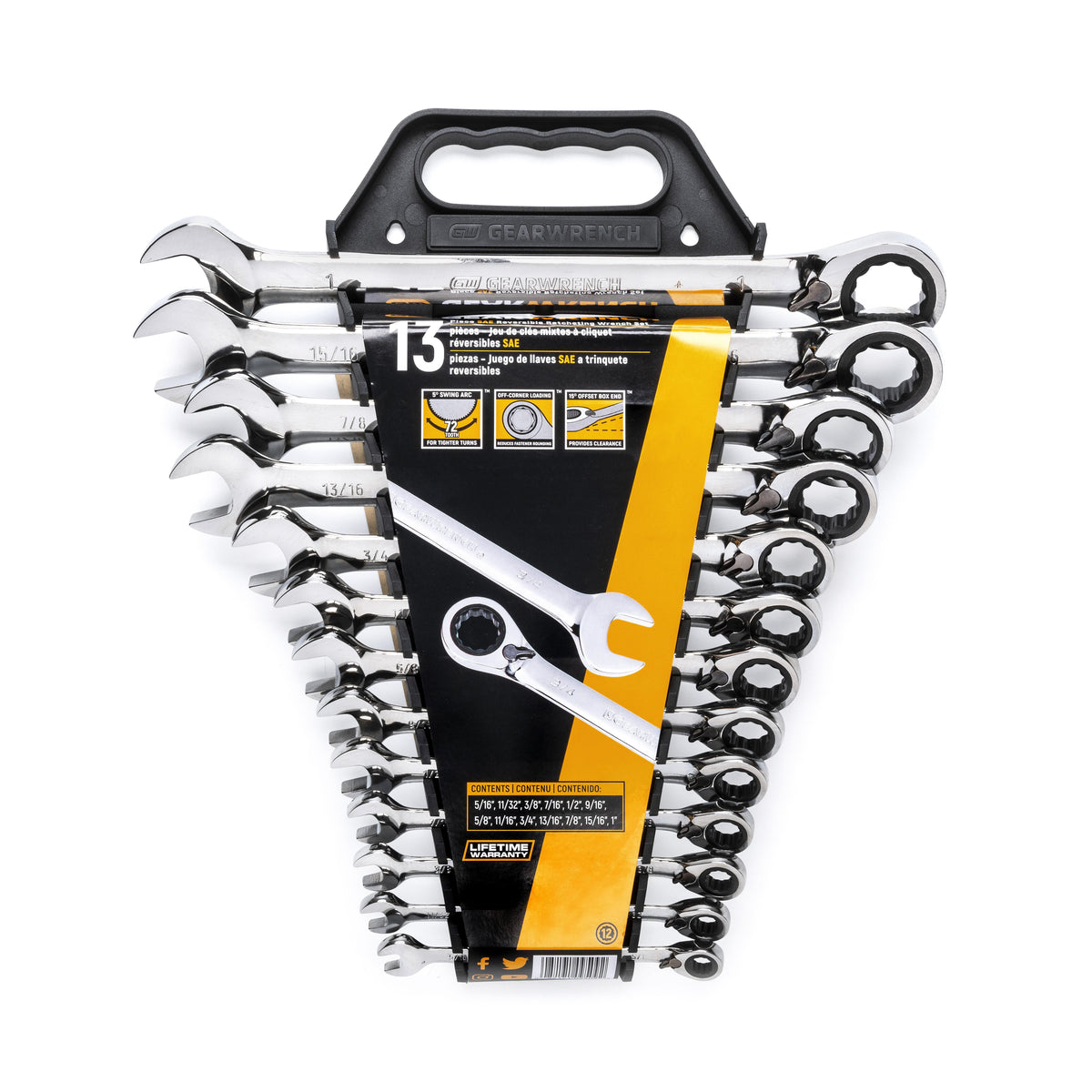 Gearwrench 9509N 13 Piece 72-Tooth 12 Point Reversible Ratcheting Combination SAE Wrench Set