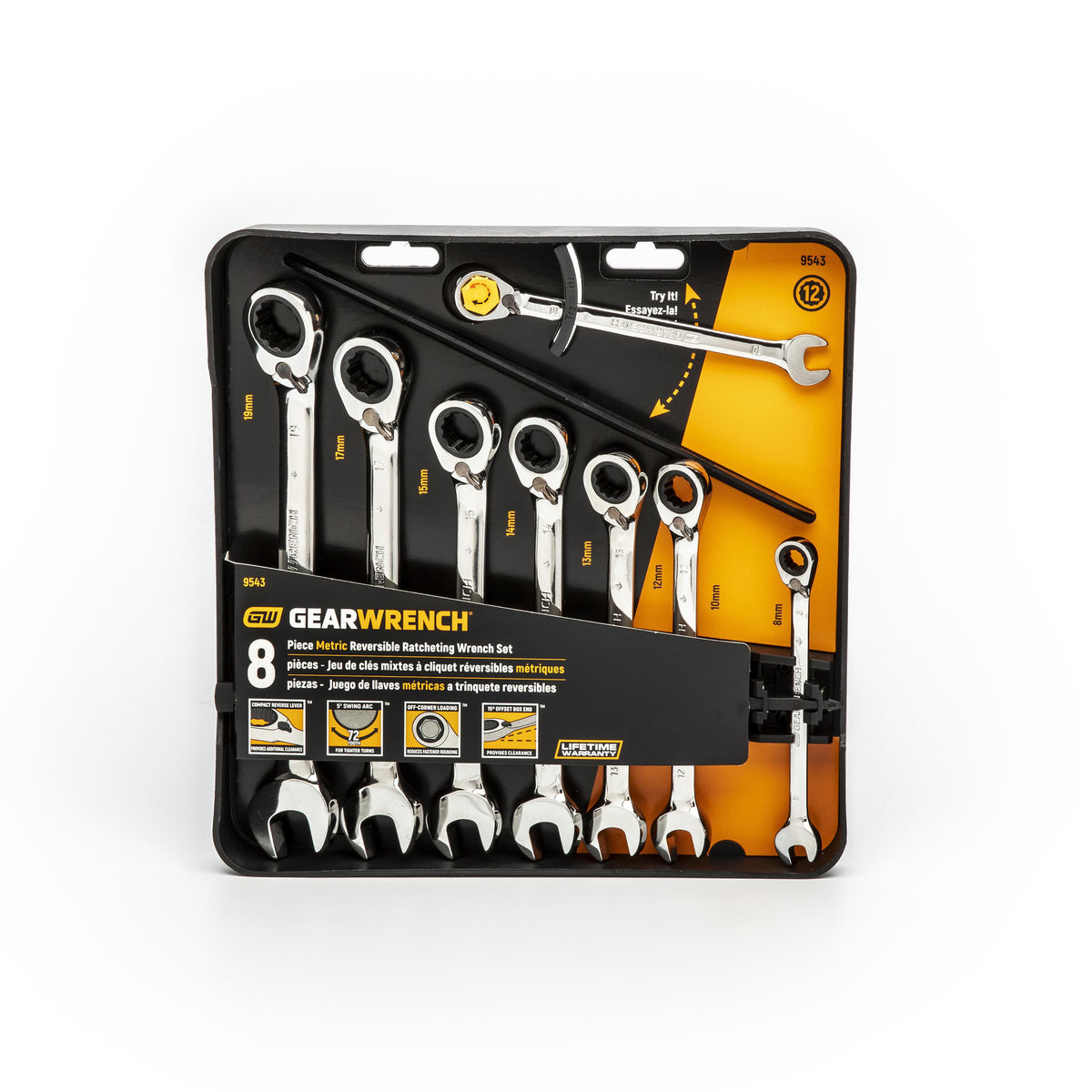 Gearwrench 9543 8 Piece 72-Tooth 12 Point Reversible Ratcheting Combination Metric Wrench Set