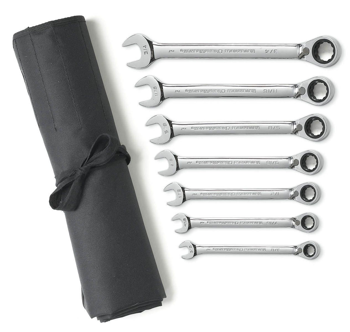 Gearwrench 9567RN 7 Piece 72-Tooth 12 Point Reversible Ratcheting Combination SAE Wrench Set with Tool Roll