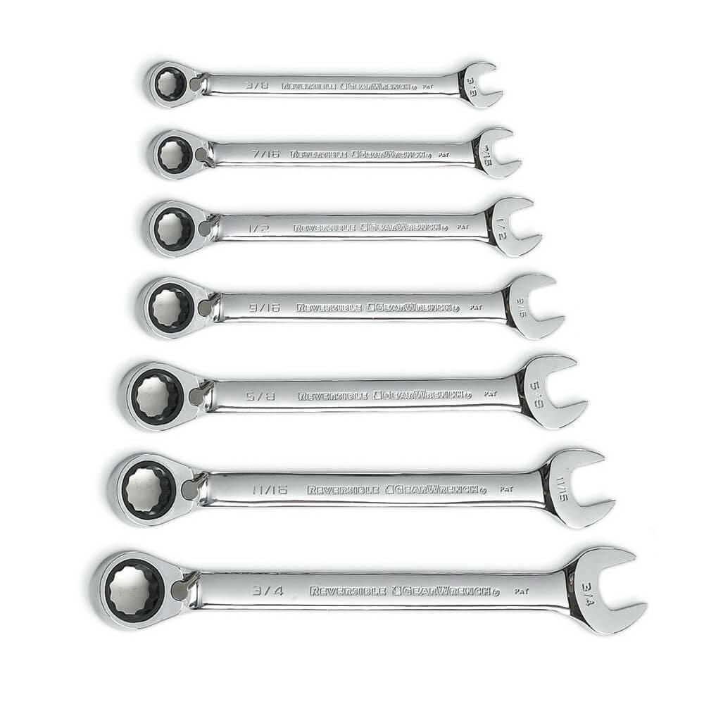 Gearwrench 9567RN 7 Piece 72-Tooth 12 Point Reversible Ratcheting Combination SAE Wrench Set with Tool Roll