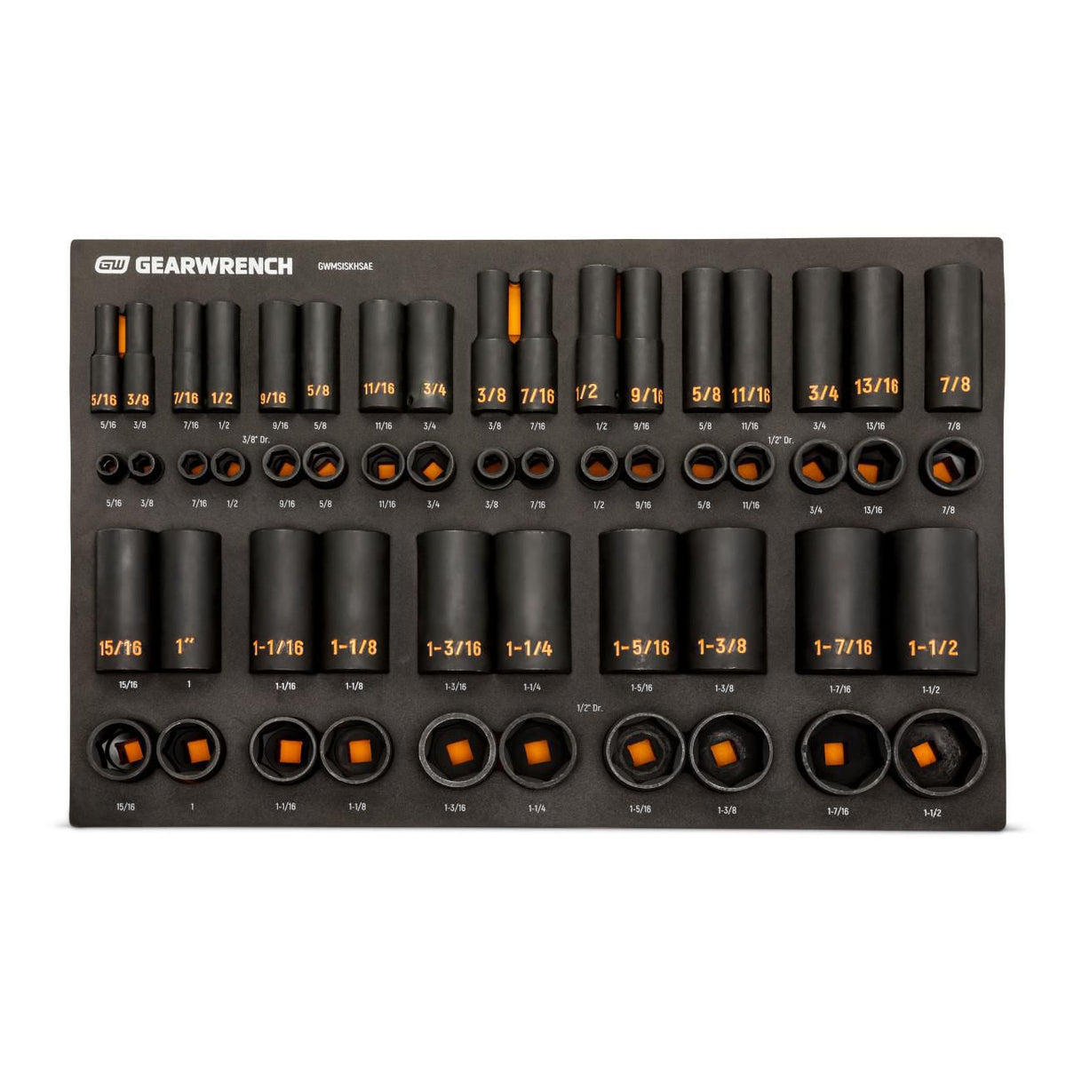Gearwrench GWMSISKHSAE 54 Piece 3/8” & 1/2” Drive 6 Point SAE Standard & Deep Hi-Viz Impact Socket Set in Foam Storage Tray