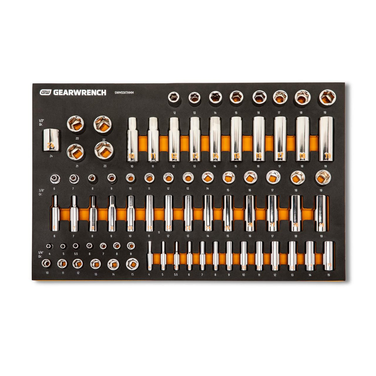 Gearwrench GWMSSKTHMM 77 Piece 1/4", 3/8" & 1/2" Drive Hi-Viz Metric Socket Set in Foam Tray
