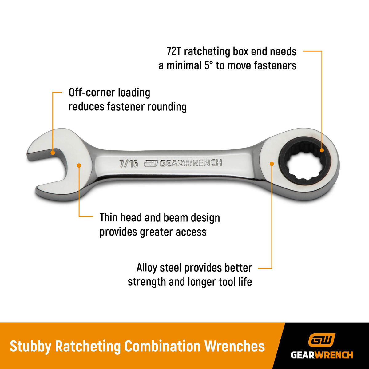 Gearwrench 9507D 7 Piece 72-Tooth 12 Point Stubby Ratcheting Combination SAE Wrench Set