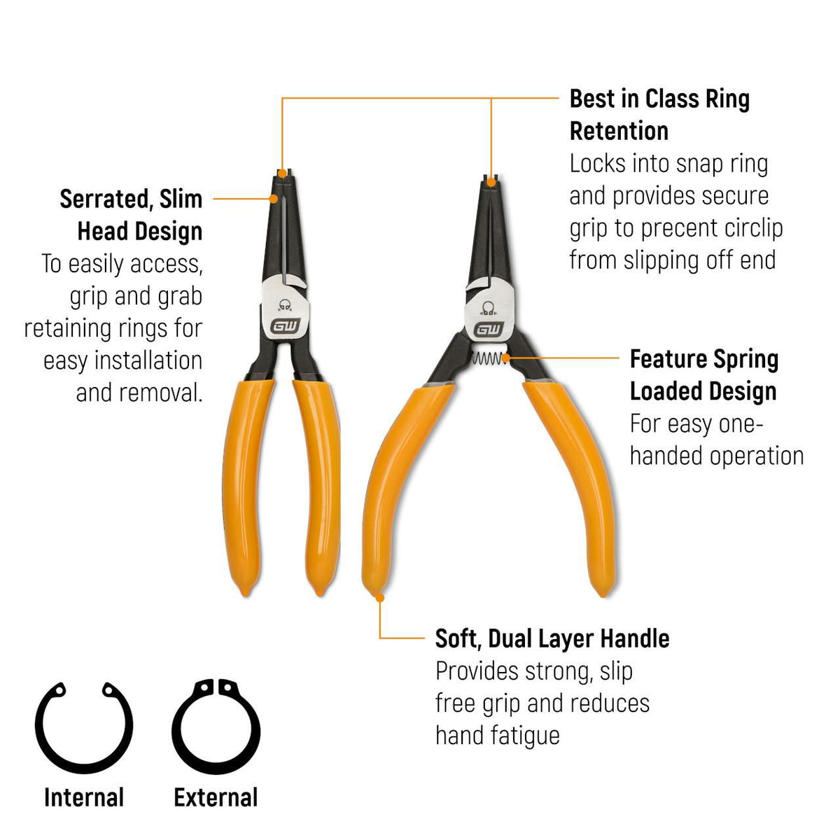 Gearwrench 89704 7" Straight Fixed Tip External Snap Ring Pliers .07"