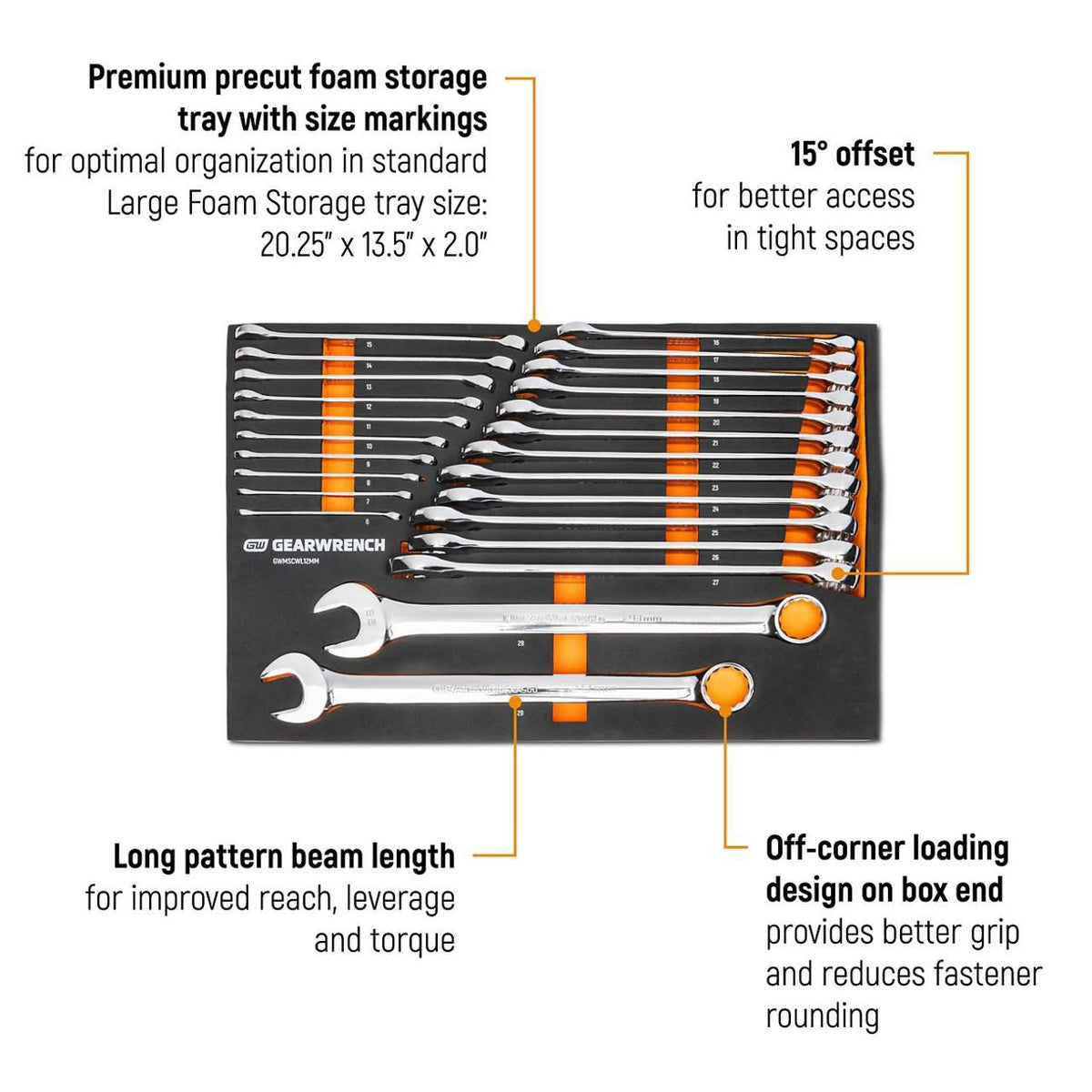 Gearwrench GWMSCWL12MM 24 Piece 12 Point Long Pattern Combination Metric Wrench Set in Foam Storage Tray