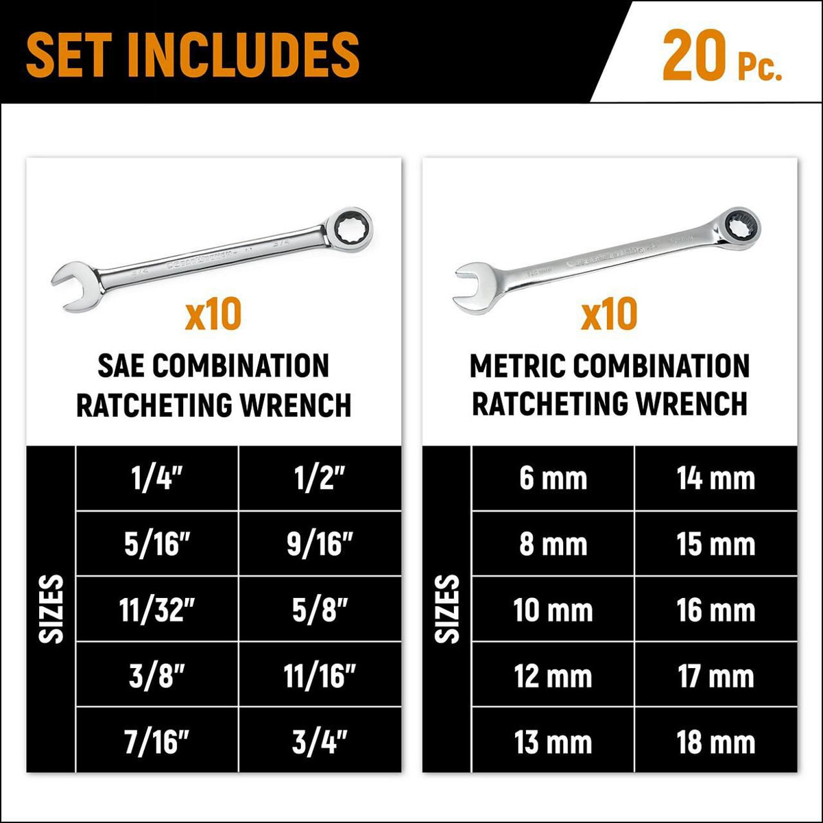 Gearwrench 35720-06 20 Piece 72-Tooth SAE/Metric Ratcheting Combination Wrench Set