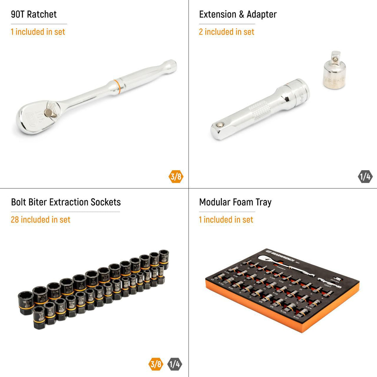 Gearwrench 86525 31 Piece 3/8" Drive 90T Ratchet and Bolt Biter™ Socket Set with Foam Storage Tray