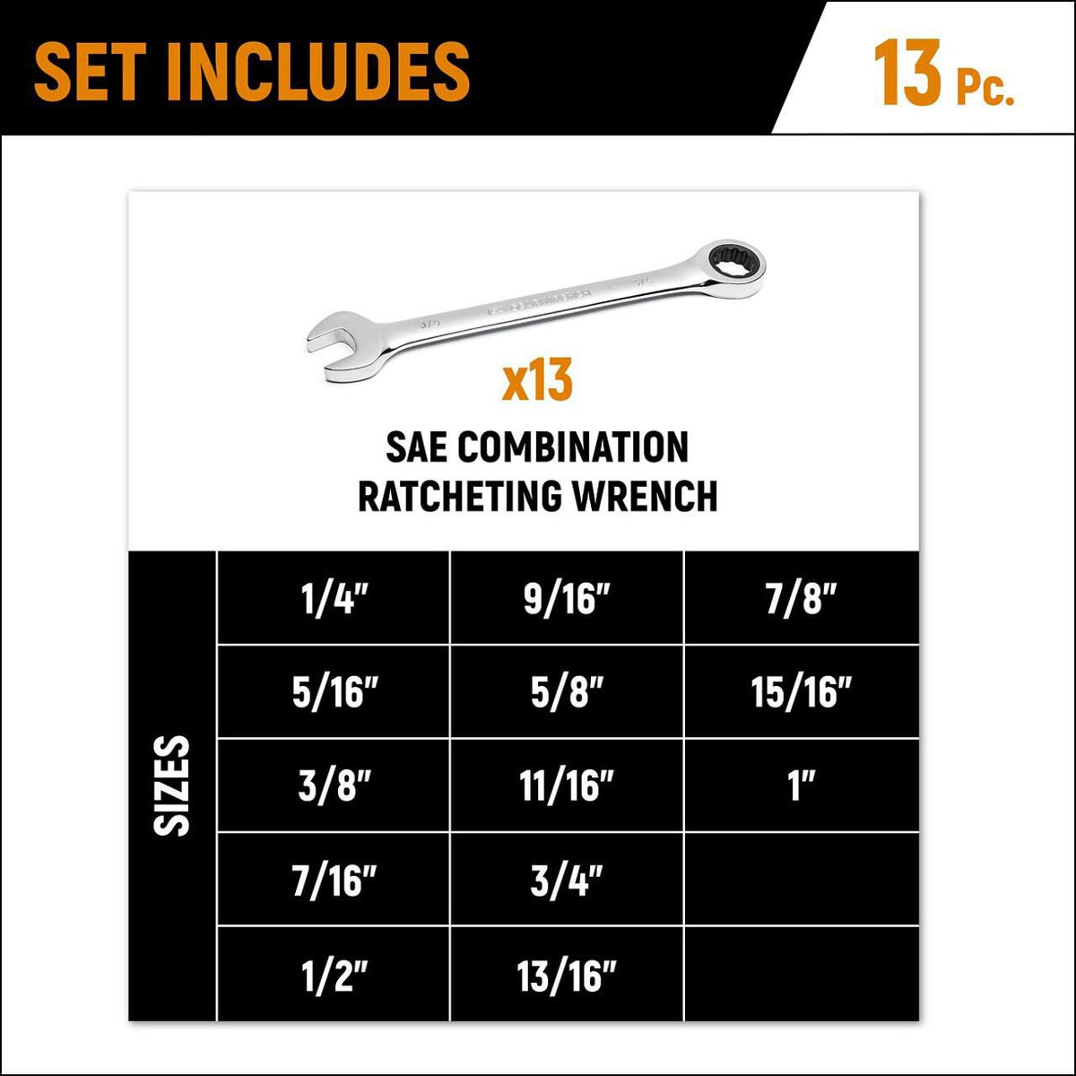 Gearwrench 9312 13 Piece 72-Tooth 12 Point Ratcheting Combination SAE Wrench Set
