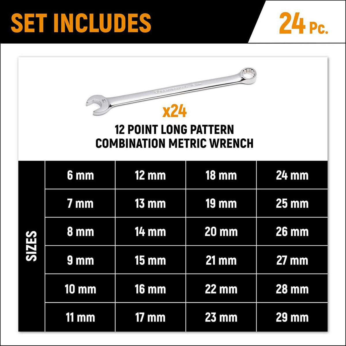 Gearwrench GWMSCWL12MM 24 Piece 12 Point Long Pattern Combination Metric Wrench Set in Foam Storage Tray