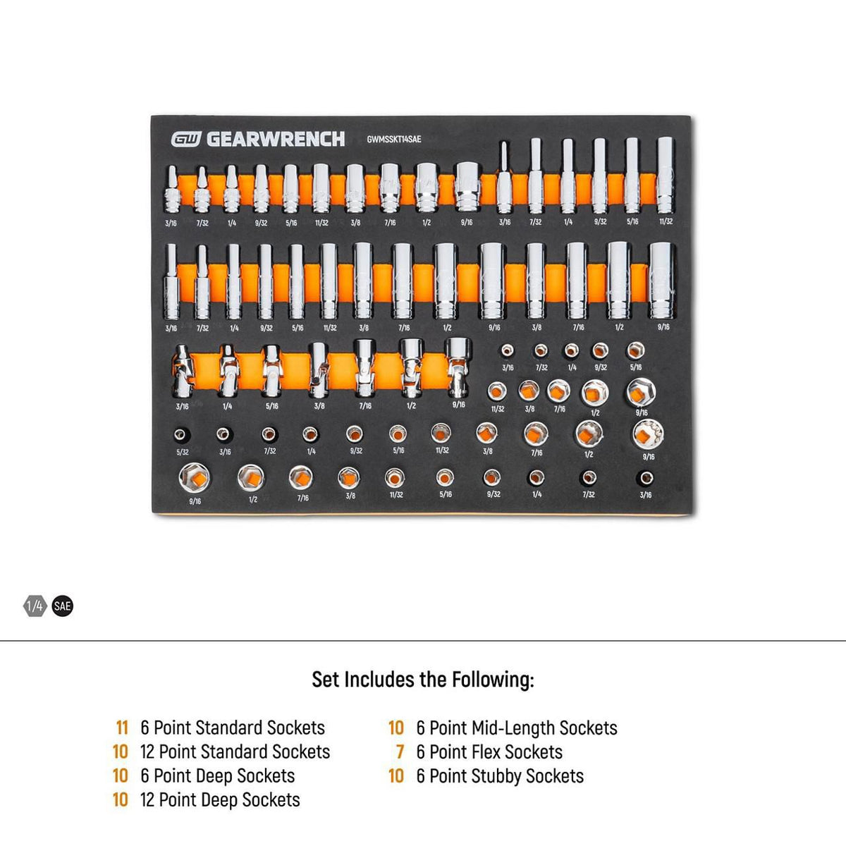 Gearwrench GWMSSKT14SAE 68 Piece 1/4” Drive Master SAE Socket Set in Foam Storage Tray