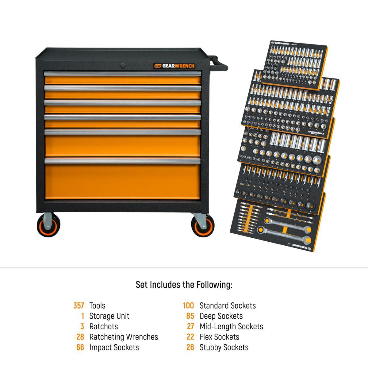 Gearwrench MEGAMOD358 358 Piece MEGAMOD Metric Mechanics Tool Set in Modular Foam Trays with Rolling Cabinet